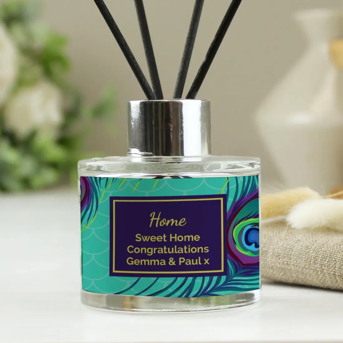 Personalised Peacock Reed Diffuser, Custom Text, Turquoise Label, Glass Bottle — photo 3