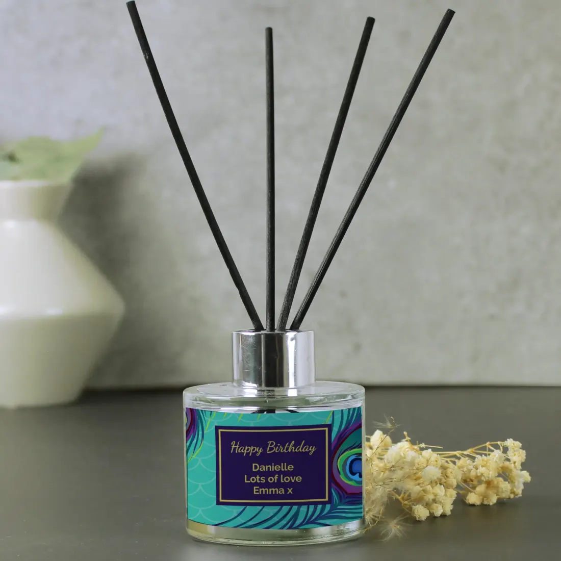 Personalised Peacock Reed Diffuser, Custom Text, Turquoise Label, Glass Bottle — photo 4