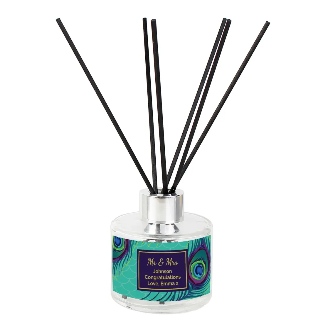 Personalised Peacock Reed Diffuser, Custom Text, Turquoise Label, Glass Bottle — photo 5