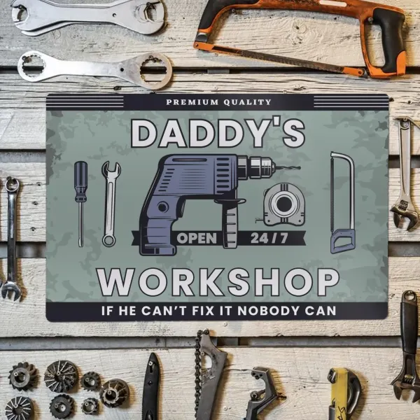 Personalised Daddy's Workshop Metal Sign, Open 24/7 Garage Plaque, Dad Man Cave Art