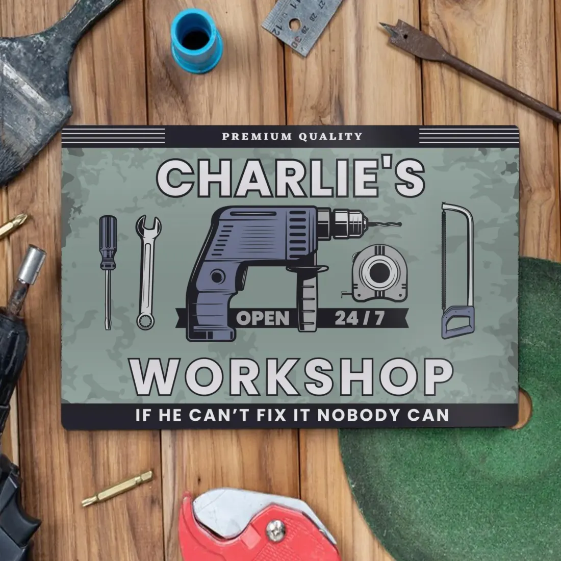 Personalised Daddy's Workshop Metal Sign, Open 24/7 Garage Plaque, Dad Man Cave Art — photo 4