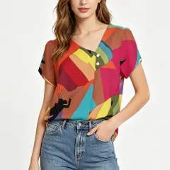 Women's Asymmetrical Neckline Short Sleeve Shirt thumbnail 1