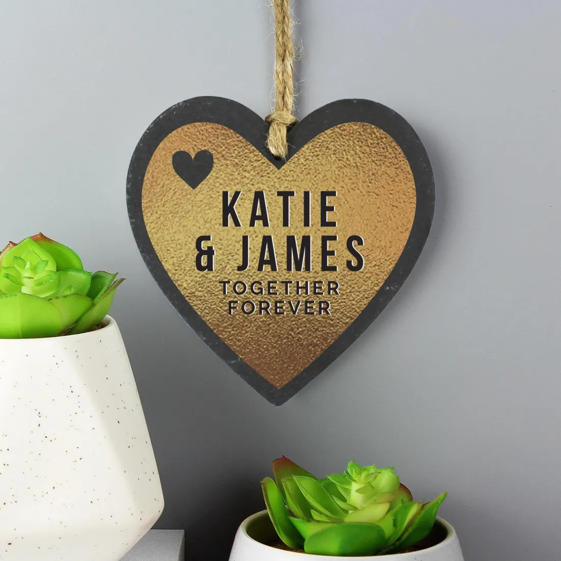 Personalised Gold Slate Heart Decoration, Custom Engraved Hanging Keepsake, Romantic Gift for Couples