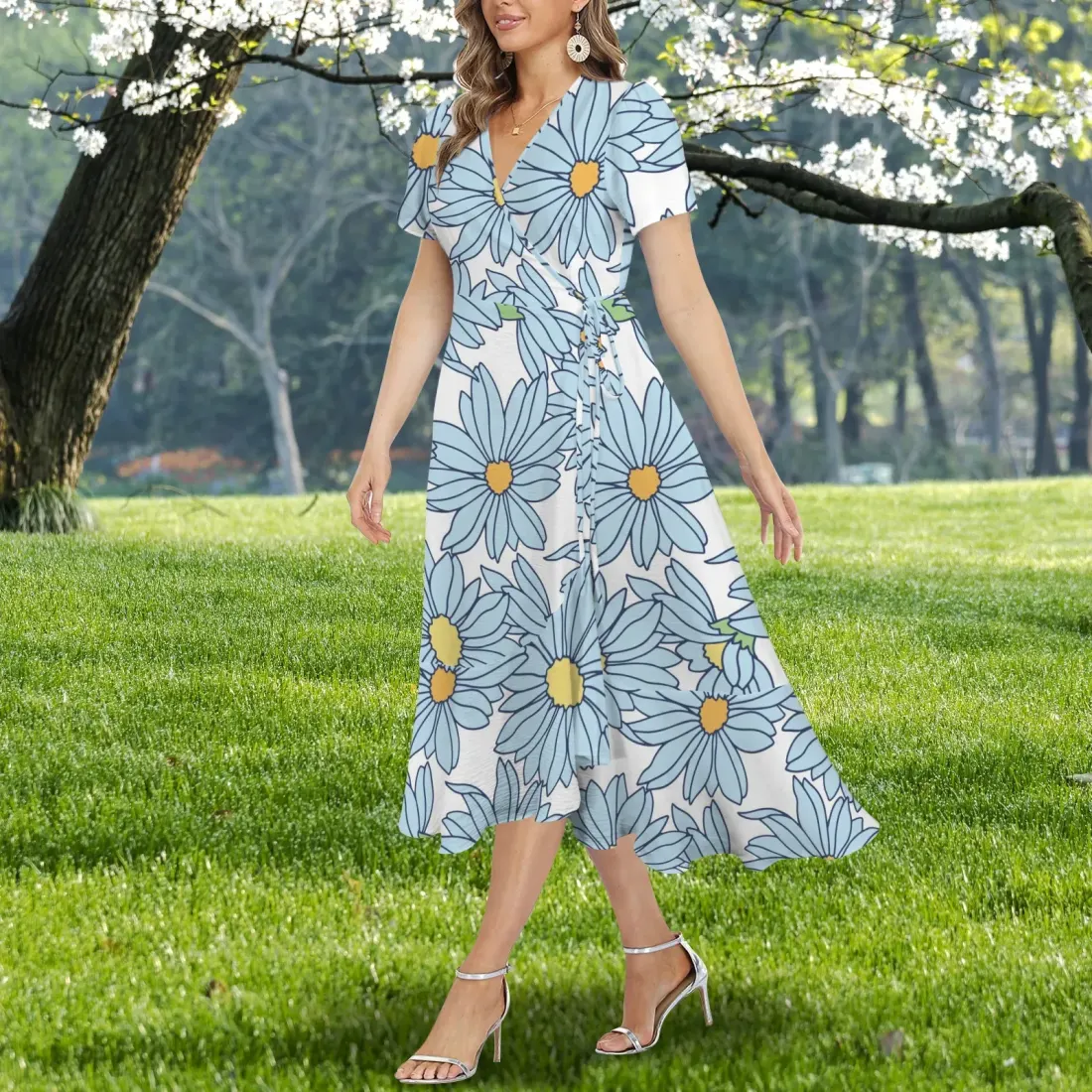 V Neck Short Sleeve Ruffle Hem Split Long Dress — photo 2