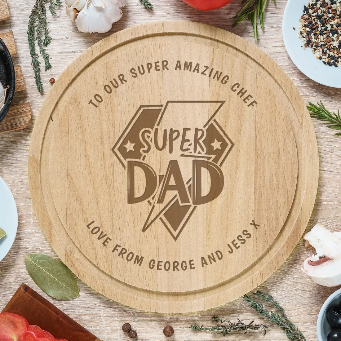 Personalised Round Wooden Chopping Board, Engraved Custom Message Kitchen Gift