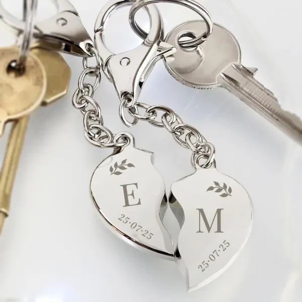 Custom Two Hearts Keyring, Initials Date Couple Set, Split Heart Engraved Gift