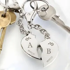 Custom Two Hearts Keyring, Initials Date Couple Set, Split Heart Engraved Gift thumbnail 2