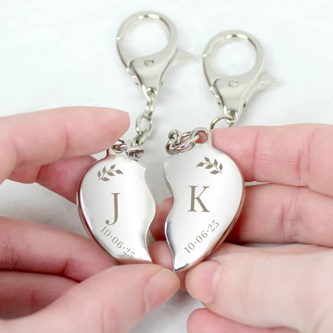Custom Two Hearts Keyring, Initials Date Couple Set, Split Heart Engraved Gift — photo 3