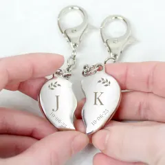Custom Two Hearts Keyring, Initials Date Couple Set, Split Heart Engraved Gift thumbnail 3