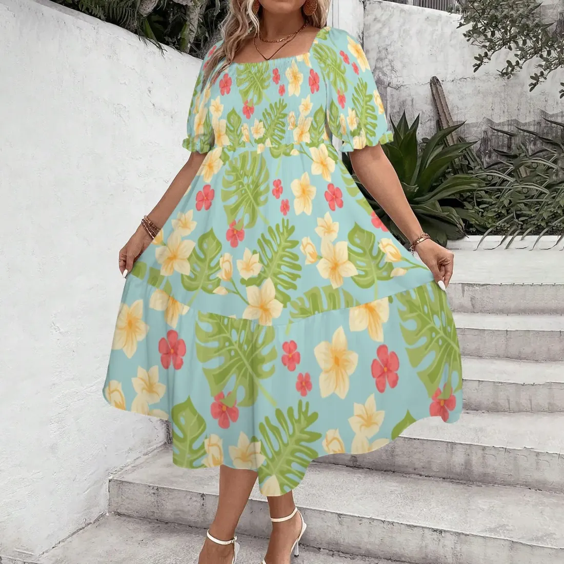 Women's Puff Sleeve Square Neck A Line Dress