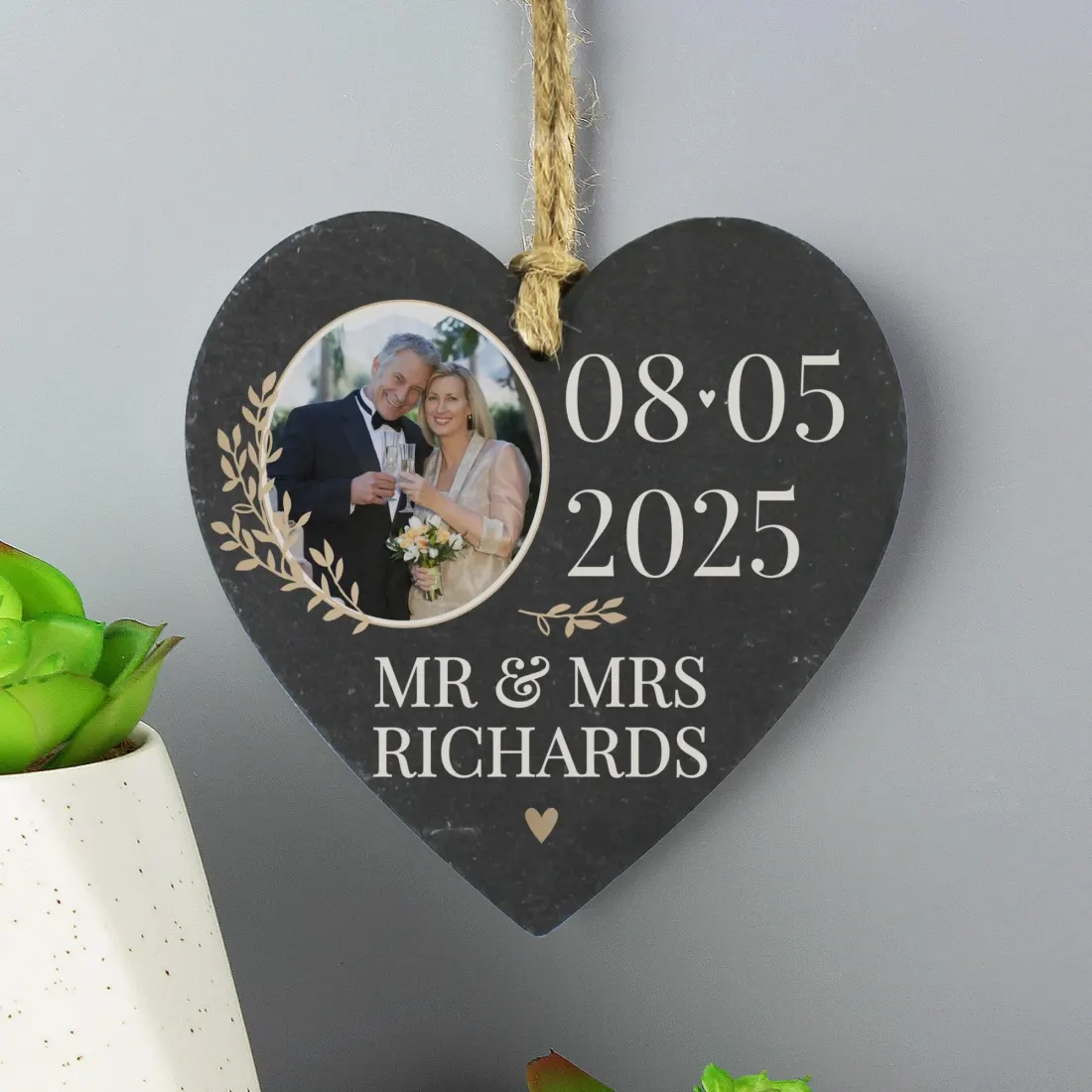 Personalised Photo Slate Heart Decoration, Custom Text Keepsake, Wedding Anniversary Gift