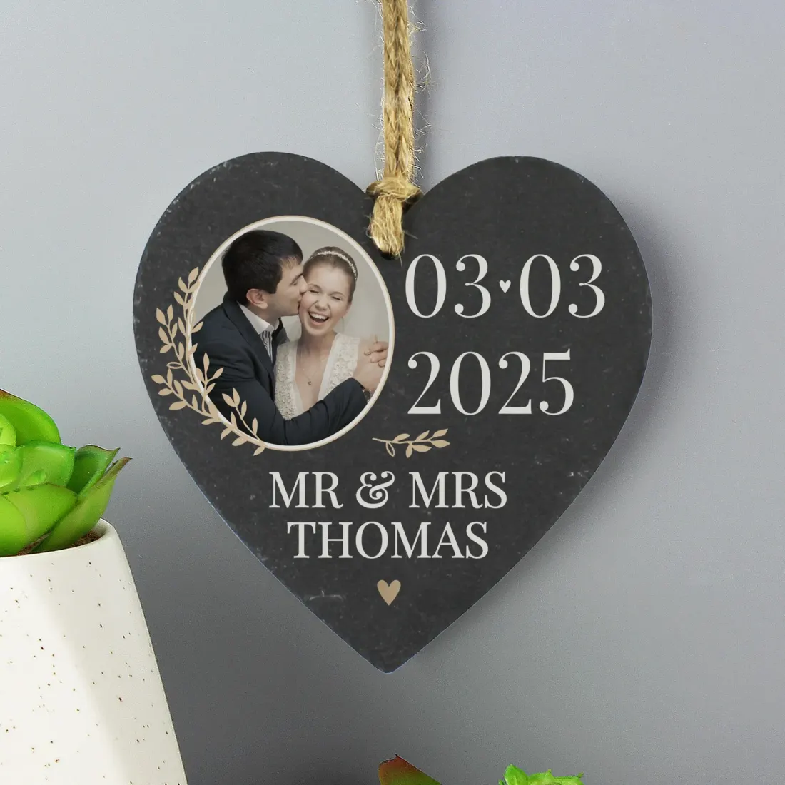 Personalised Photo Slate Heart Decoration, Custom Text Keepsake, Wedding Anniversary Gift — photo 4