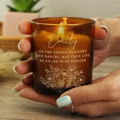 Personalised Wild Flowers Amber Glass Candle, Engraved Name Gift, Cosy Vanilla Home Décor thumbnail 1