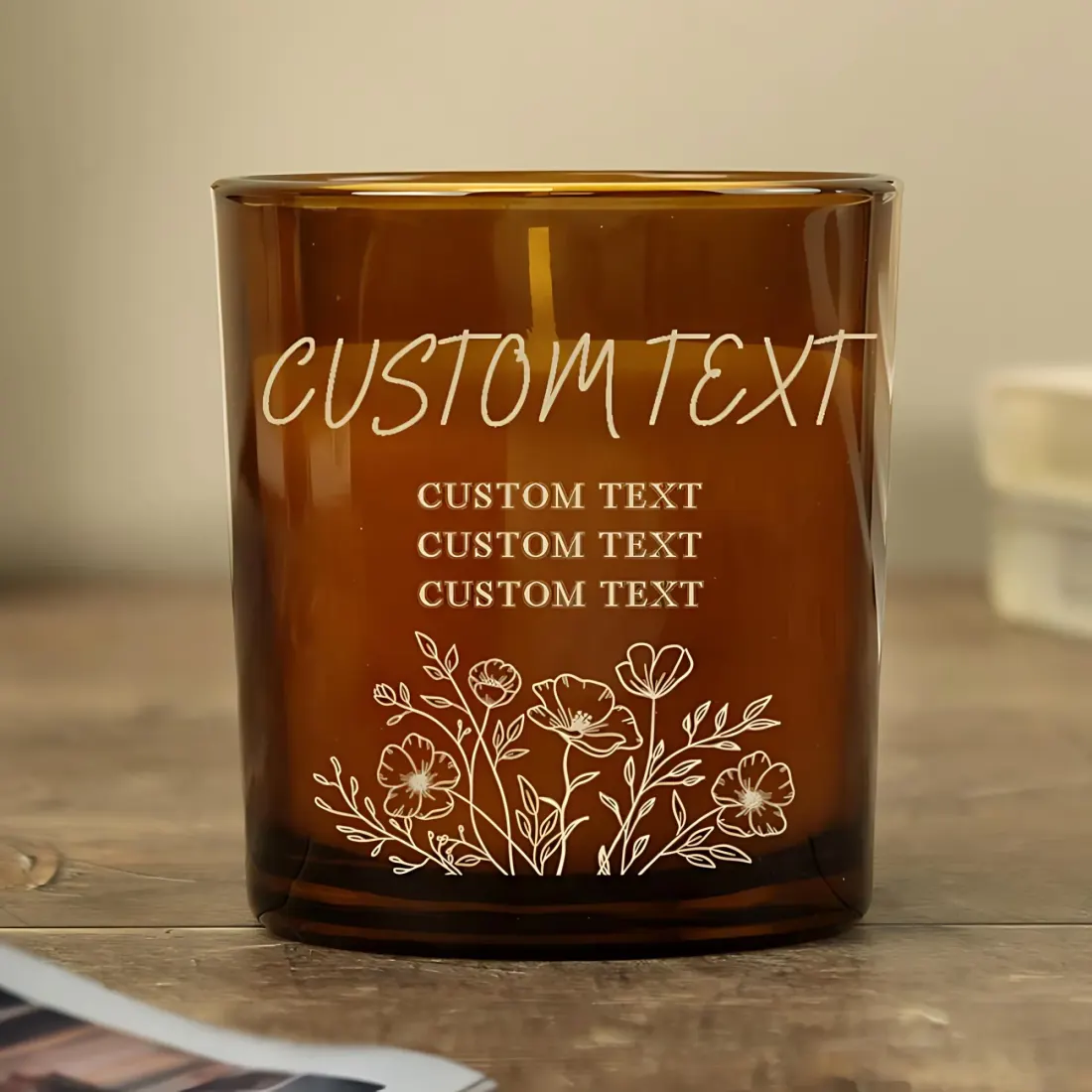 Personalised Wild Flowers Amber Glass Candle, Engraved Name Gift, Cosy Vanilla Home Décor — photo 2