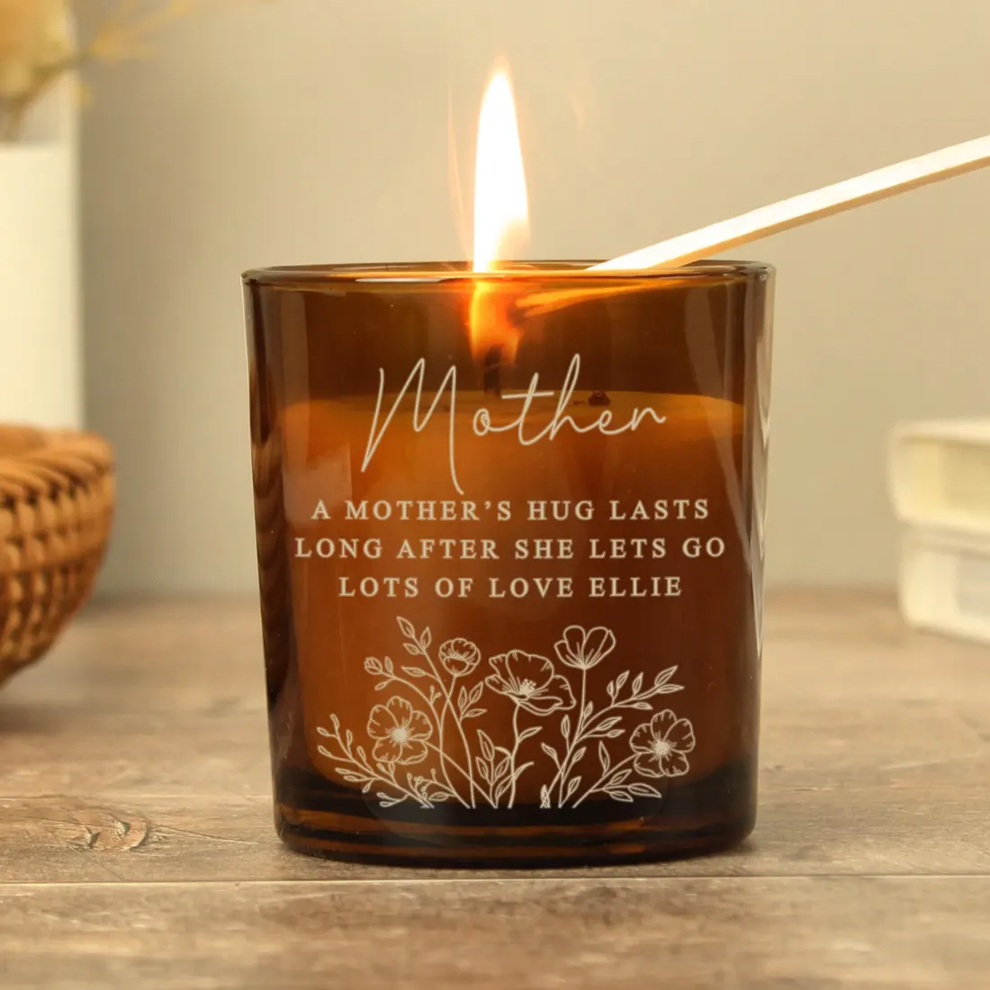 Personalised Wild Flowers Amber Glass Candle, Engraved Name Gift, Cosy Vanilla Home Décor — photo 4