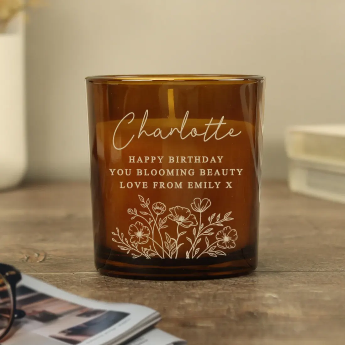 Personalised Wild Flowers Amber Glass Candle, Engraved Name Gift, Cosy Vanilla Home Décor — photo 5