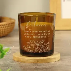 Personalised Wild Flowers Amber Glass Candle, Engraved Name Gift, Cosy Vanilla Home Décor thumbnail 6