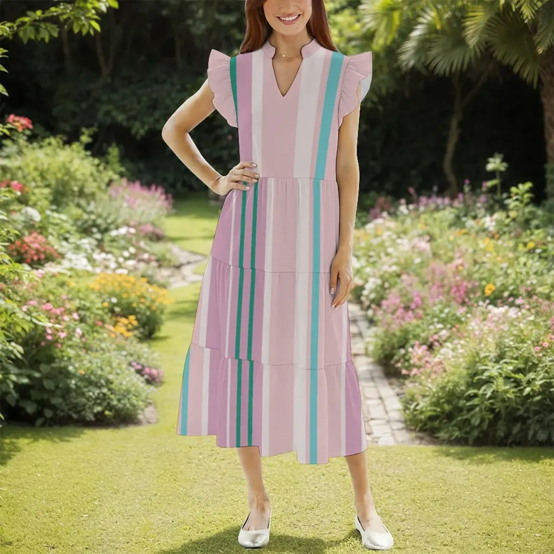 Women's Ruffle Sleeve Tiered Midi Dress