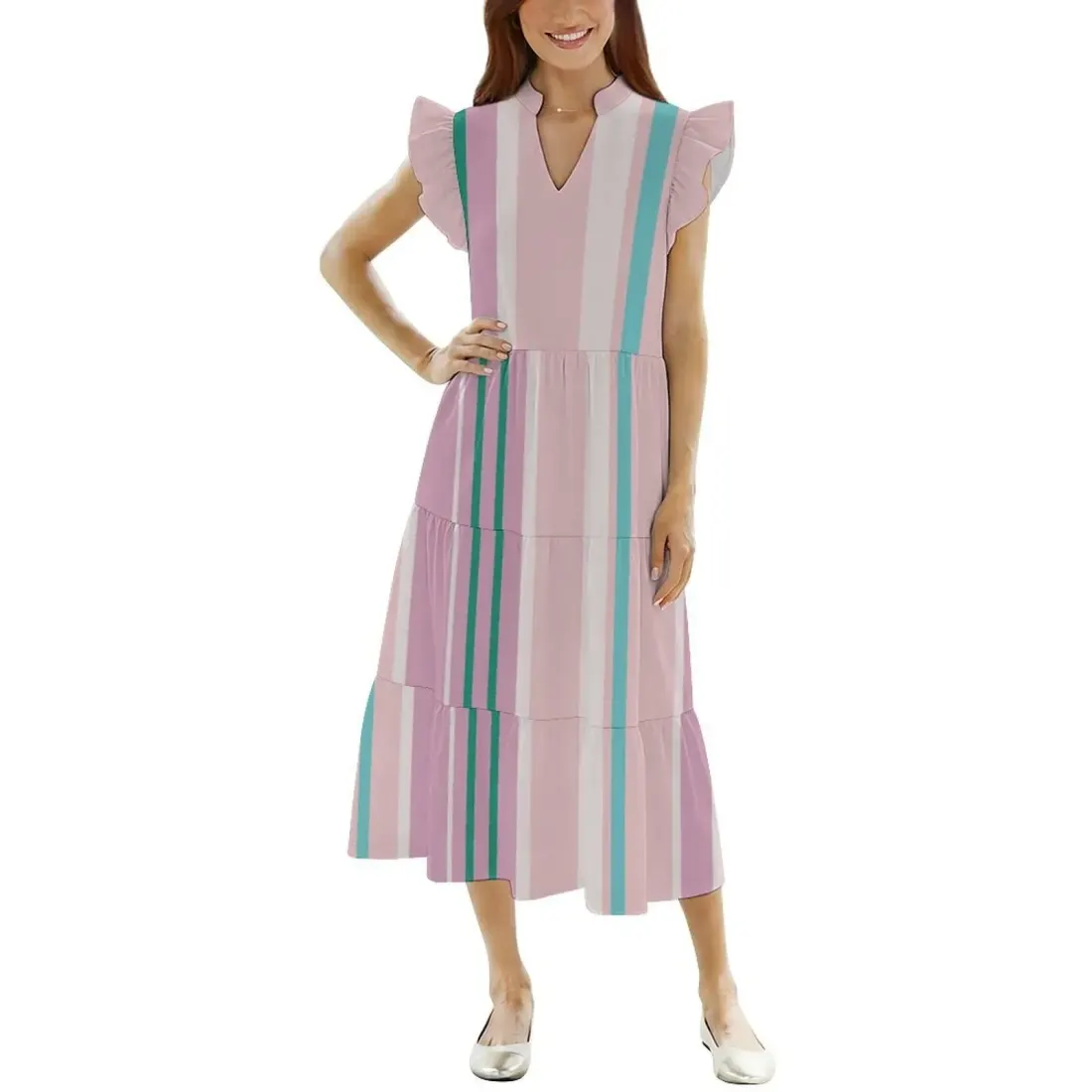 Women's Ruffle Sleeve Tiered Midi Dress — photo 2