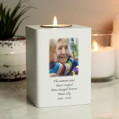 Personalised Photo Upload White Wooden Tealight Holder, Memorial Candle Block with Picture and Text thumbnail 1