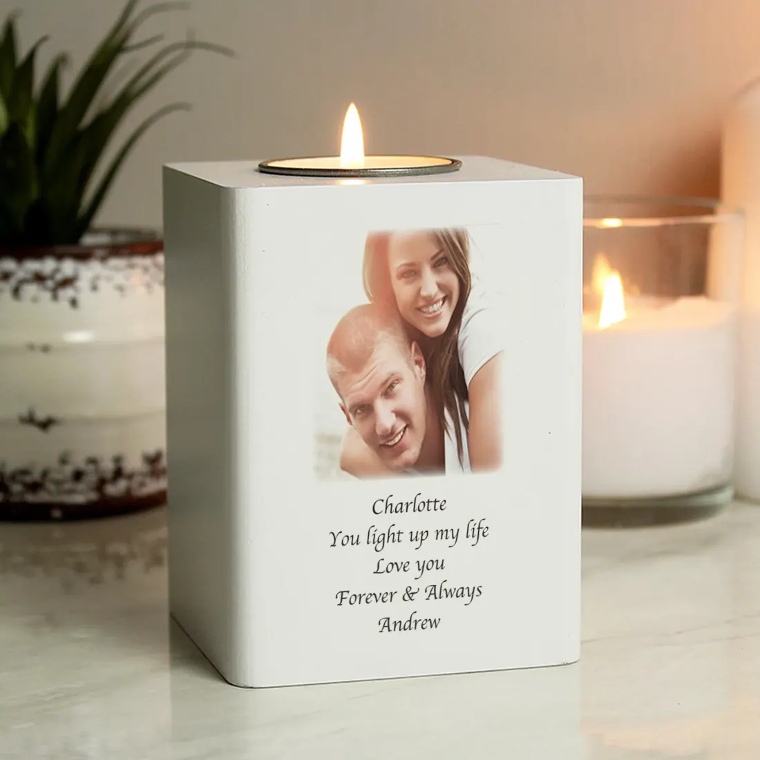 Personalised Photo Upload White Wooden Tealight Holder, Memorial Candle Block with Picture and Text — photo 3