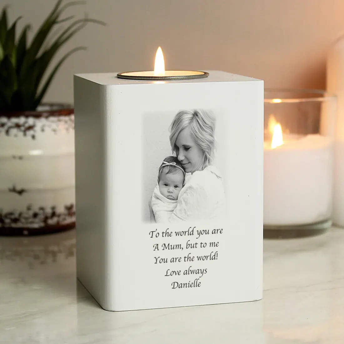 Personalised Photo Upload White Wooden Tealight Holder, Memorial Candle Block with Picture and Text — photo 5