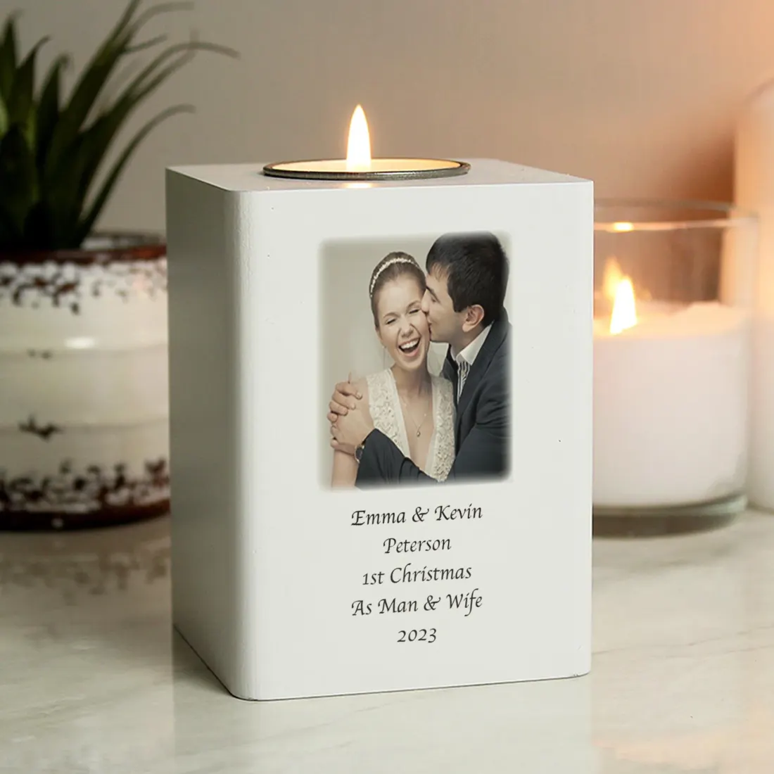 Personalised Photo Upload White Wooden Tealight Holder, Memorial Candle Block with Picture and Text — photo 6