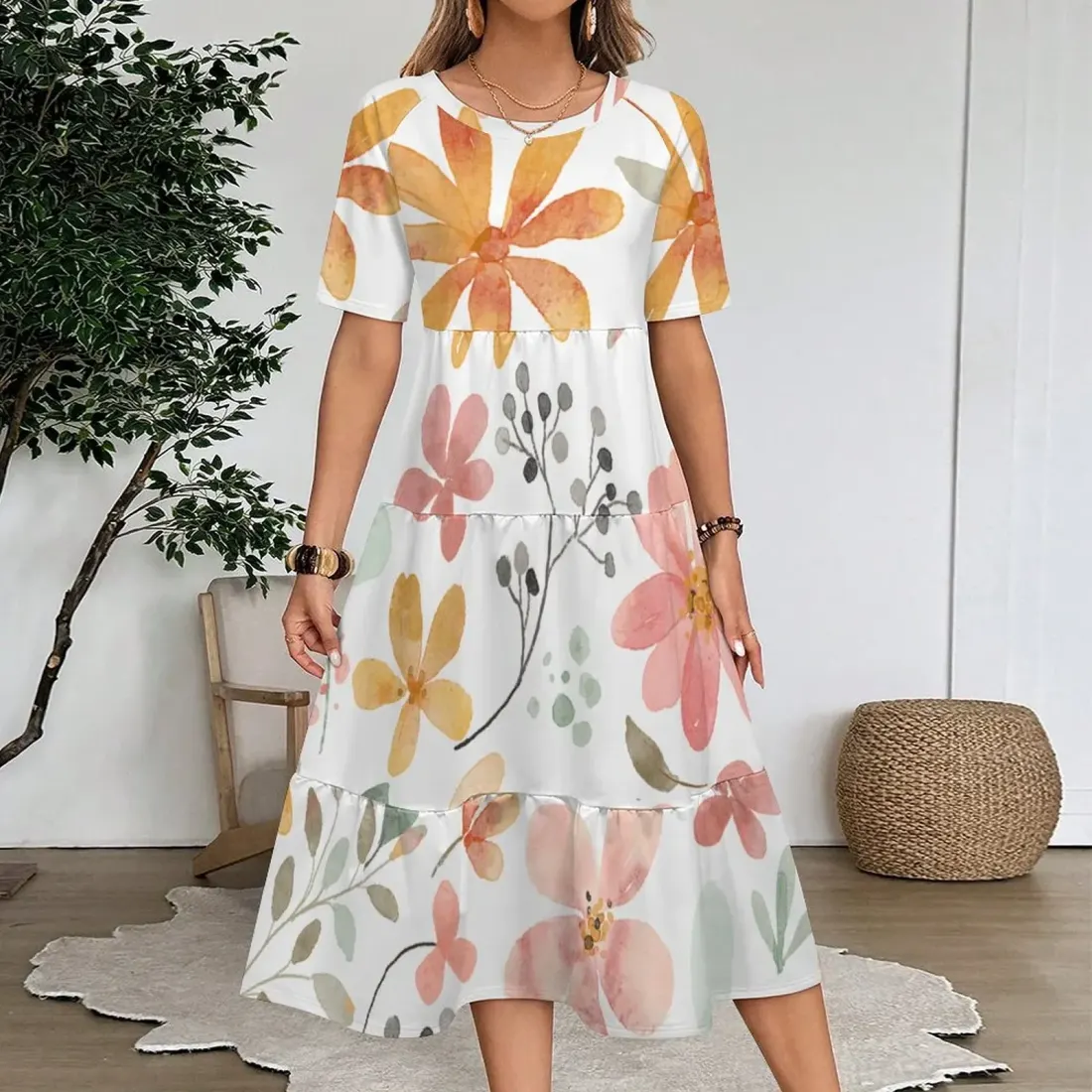 Women's Casual Mid-Sleeve Ruffle Dress