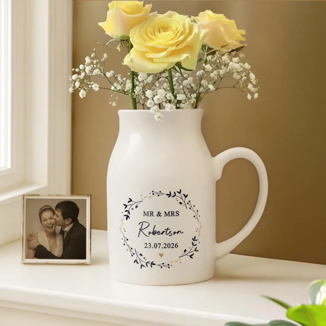 Personalised Black and Gold Wreath Jug Vase, Custom Mr and Mrs Wedding Flower Pitcher