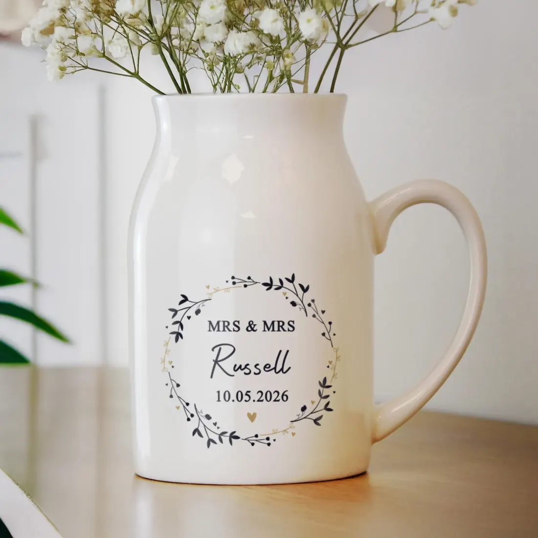 Personalised Black and Gold Wreath Jug Vase, Custom Mr and Mrs Wedding Flower Pitcher — photo 2