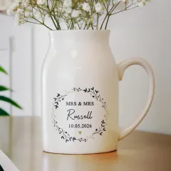 Personalised Black and Gold Wreath Jug Vase, Custom Mr and Mrs Wedding Flower Pitcher thumbnail 2