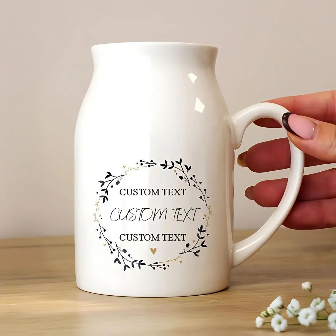 Personalised Black and Gold Wreath Jug Vase, Custom Mr and Mrs Wedding Flower Pitcher — photo 3