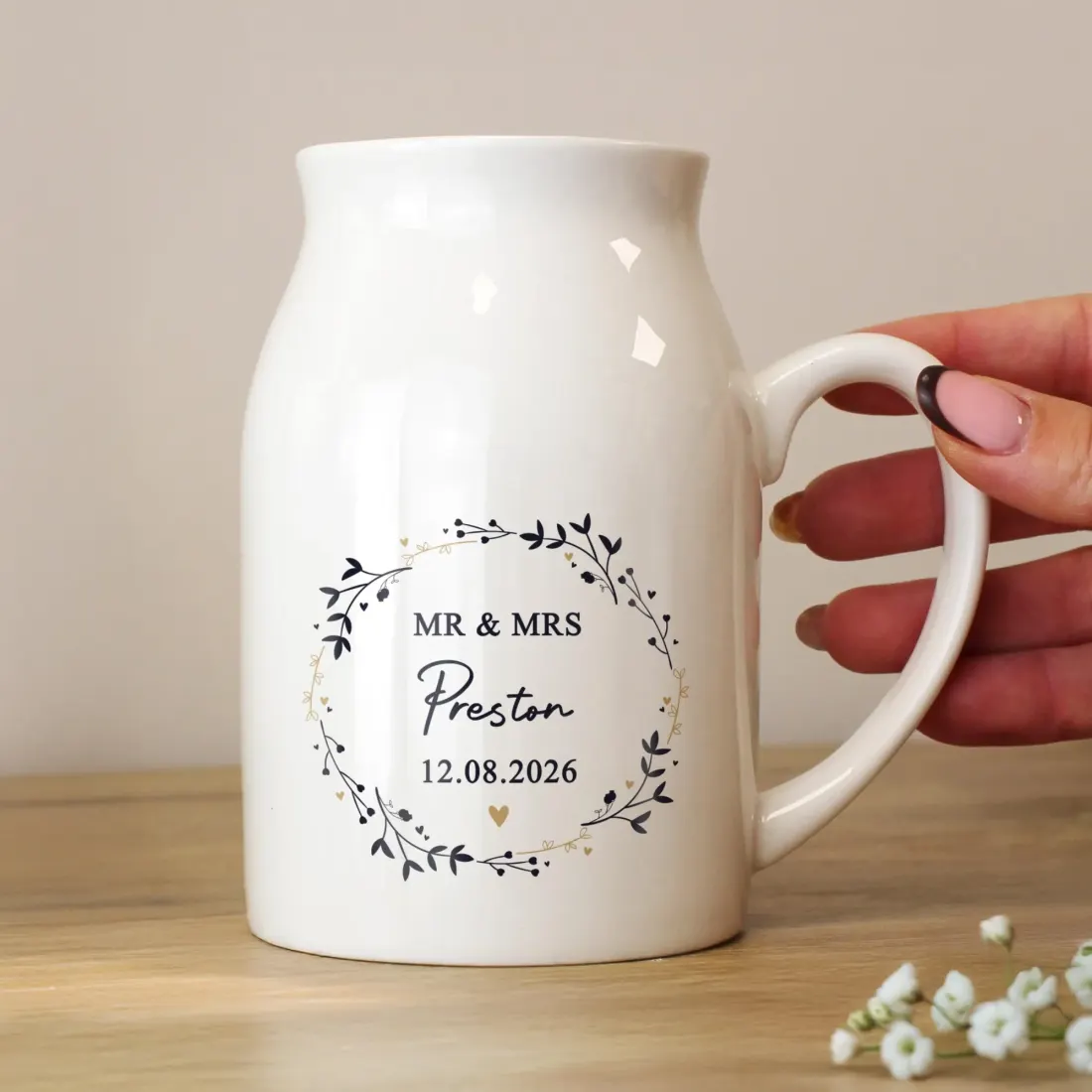 Personalised Black and Gold Wreath Jug Vase, Custom Mr and Mrs Wedding Flower Pitcher — photo 4