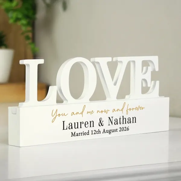 Personalised Black and Gold Free Text LOVE Word Plaque, Custom Couples Home Shelf Sign