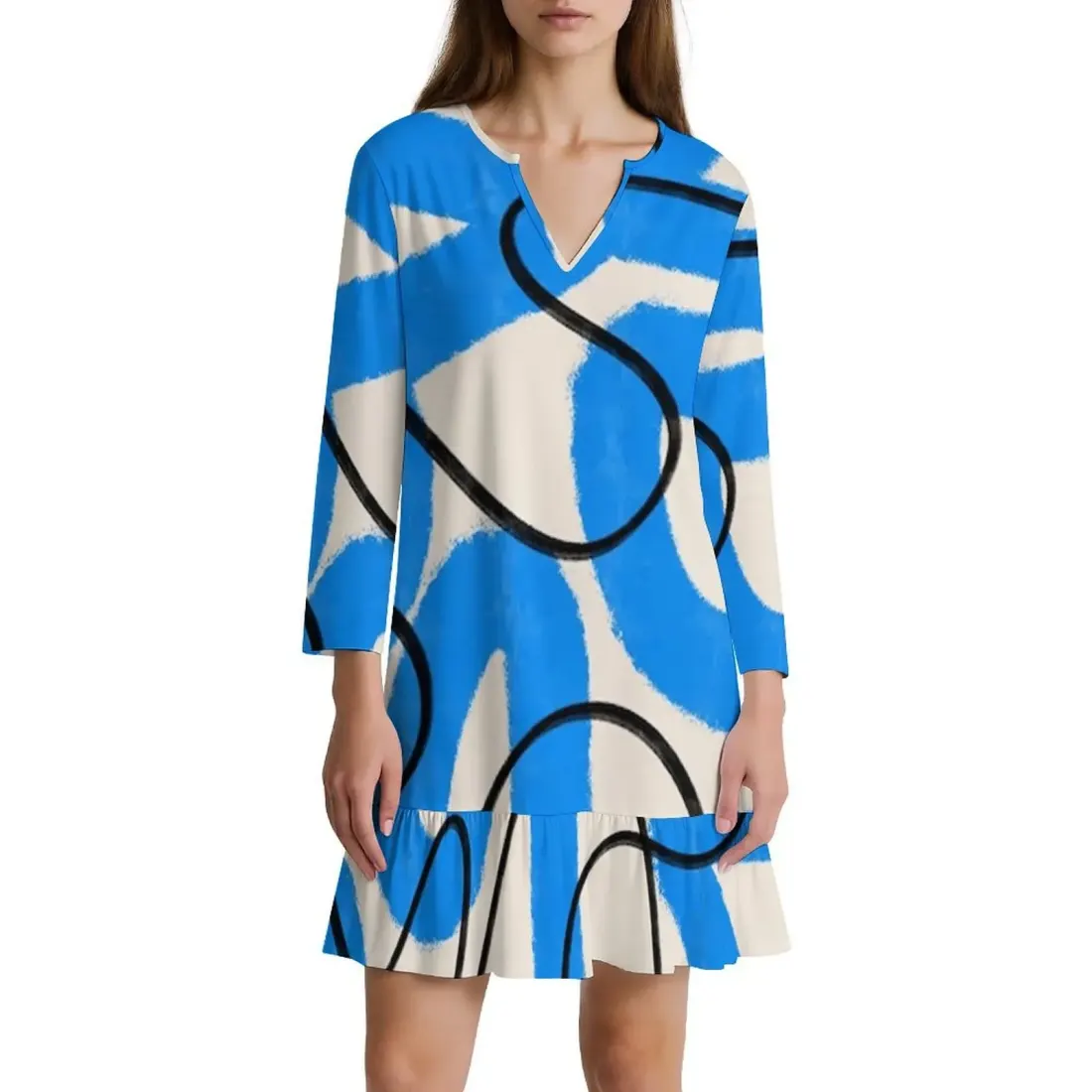 Women's Long-Sleeve V-Neck Ruffle Mini Dress