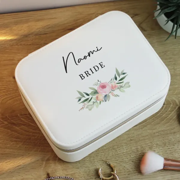 Personalised Wedding Travel Jewellery Box, Mrs Surname Floral Faux Leather Case Est Year