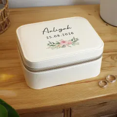 Personalised Wedding Travel Jewellery Box, Mrs Surname Floral Faux Leather Case Est Year thumbnail 4