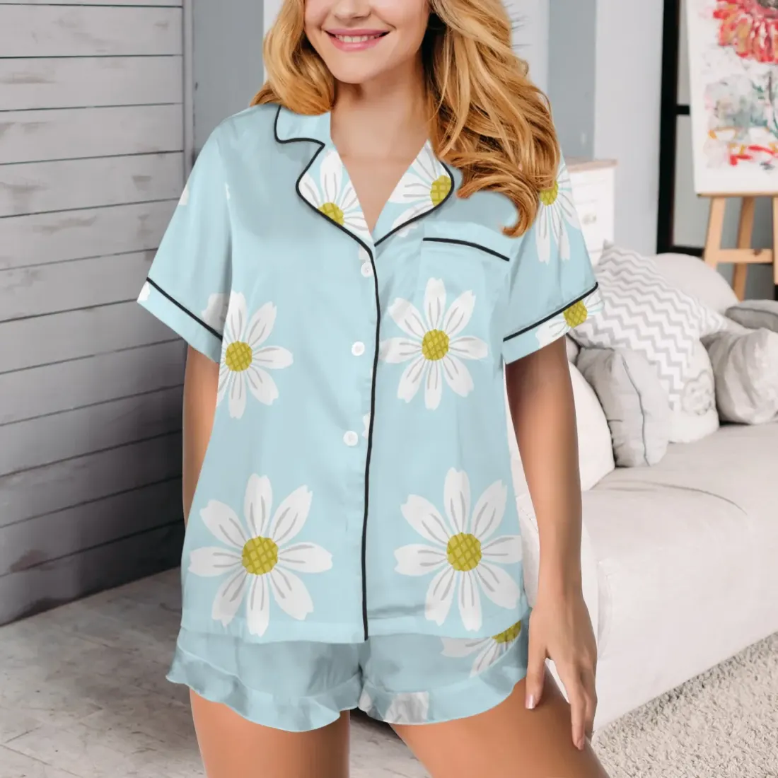 Lapel Ruffle Hem Short Pajama Sets
