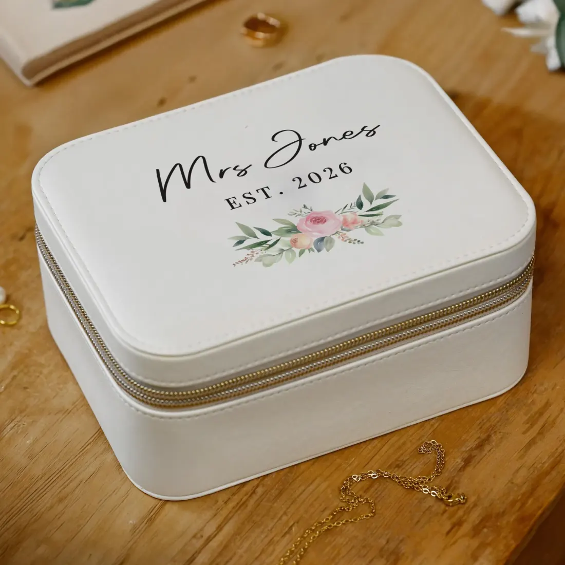 Personalised Wedding Travel Jewellery Box, Mrs Surname Floral Faux Leather Case Est Year — photo 6