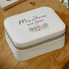 Personalised Wedding Travel Jewellery Box, Mrs Surname Floral Faux Leather Case Est Year thumbnail 6