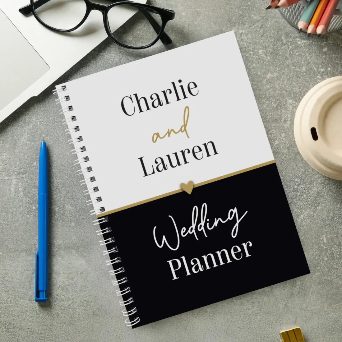 Custom Names Engagement Gift Notebook, Personalised Black and Gold Inclusive A5 Wedding Planner