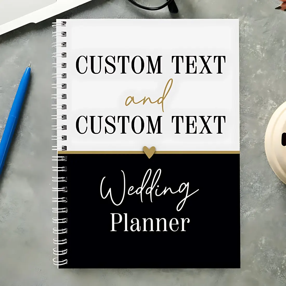 Custom Names Engagement Gift Notebook, Personalised Black and Gold Inclusive A5 Wedding Planner — photo 2