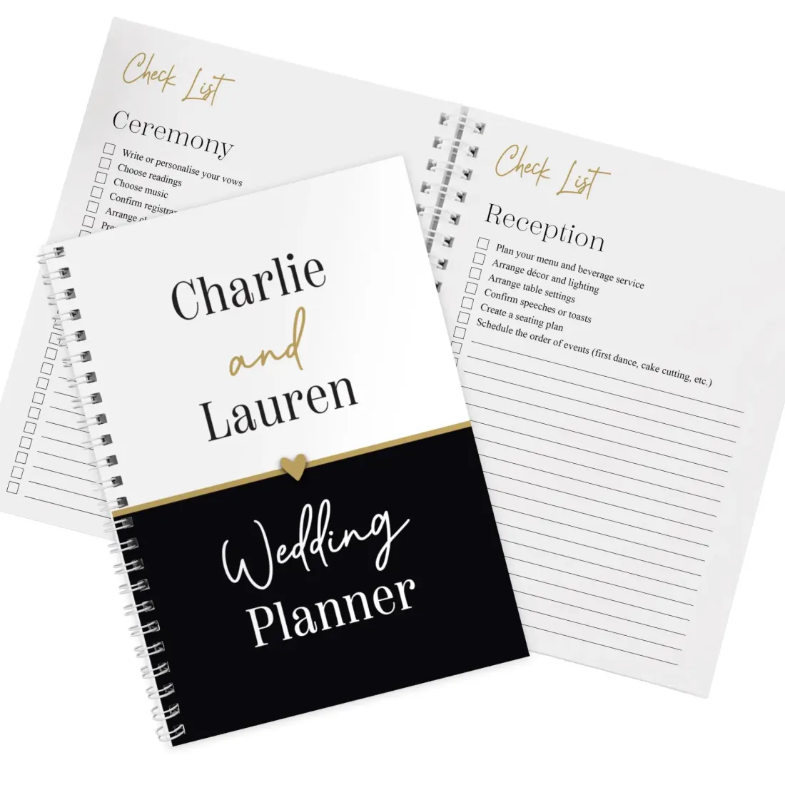 Custom Names Engagement Gift Notebook, Personalised Black and Gold Inclusive A5 Wedding Planner — photo 3