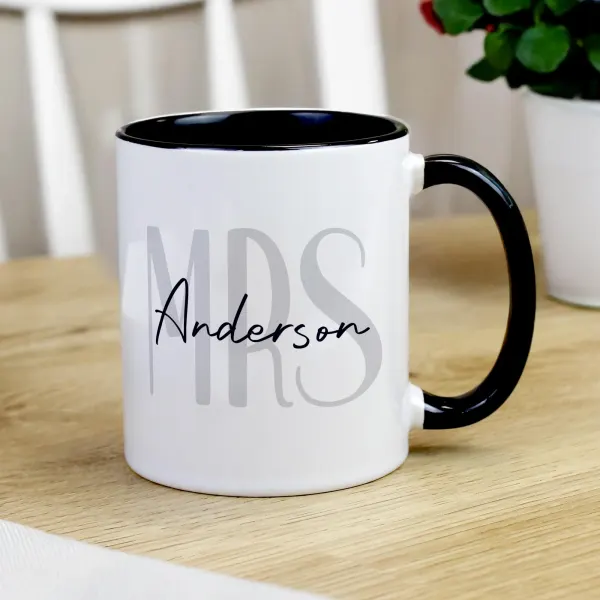 Personalised Mr and Mrs Black Handle Mug, Custom Surname Monogram Couple Cup