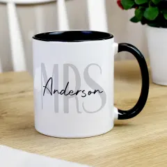 Personalised Mr and Mrs Black Handle Mug, Custom Surname Monogram Couple Cup thumbnail 1