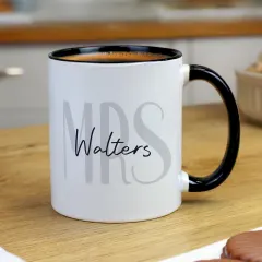 Personalised Mr and Mrs Black Handle Mug, Custom Surname Monogram Couple Cup thumbnail 3