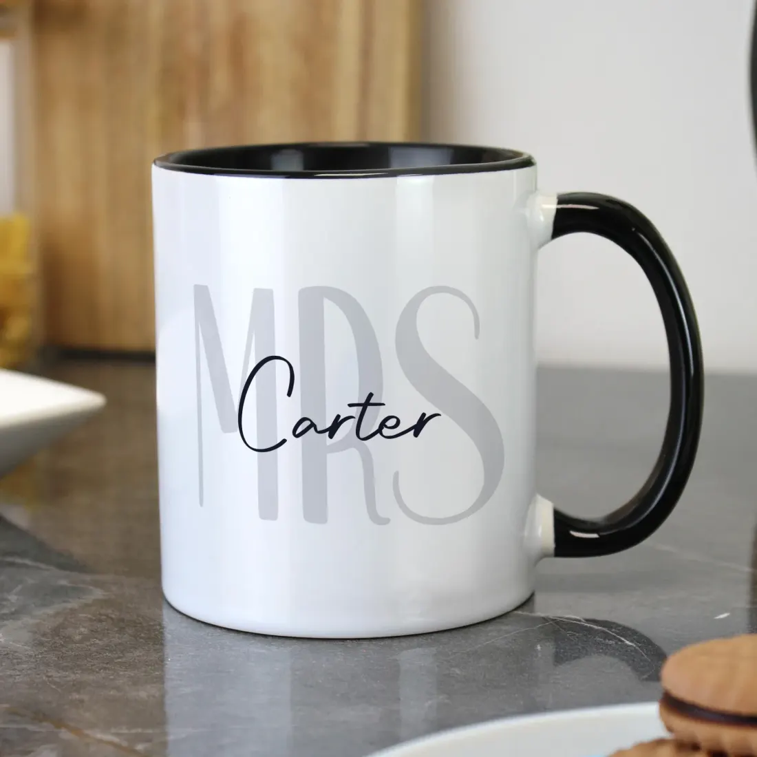 Personalised Mr and Mrs Black Handle Mug, Custom Surname Monogram Couple Cup — photo 4