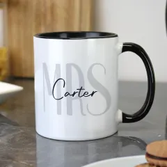 Personalised Mr and Mrs Black Handle Mug, Custom Surname Monogram Couple Cup thumbnail 4