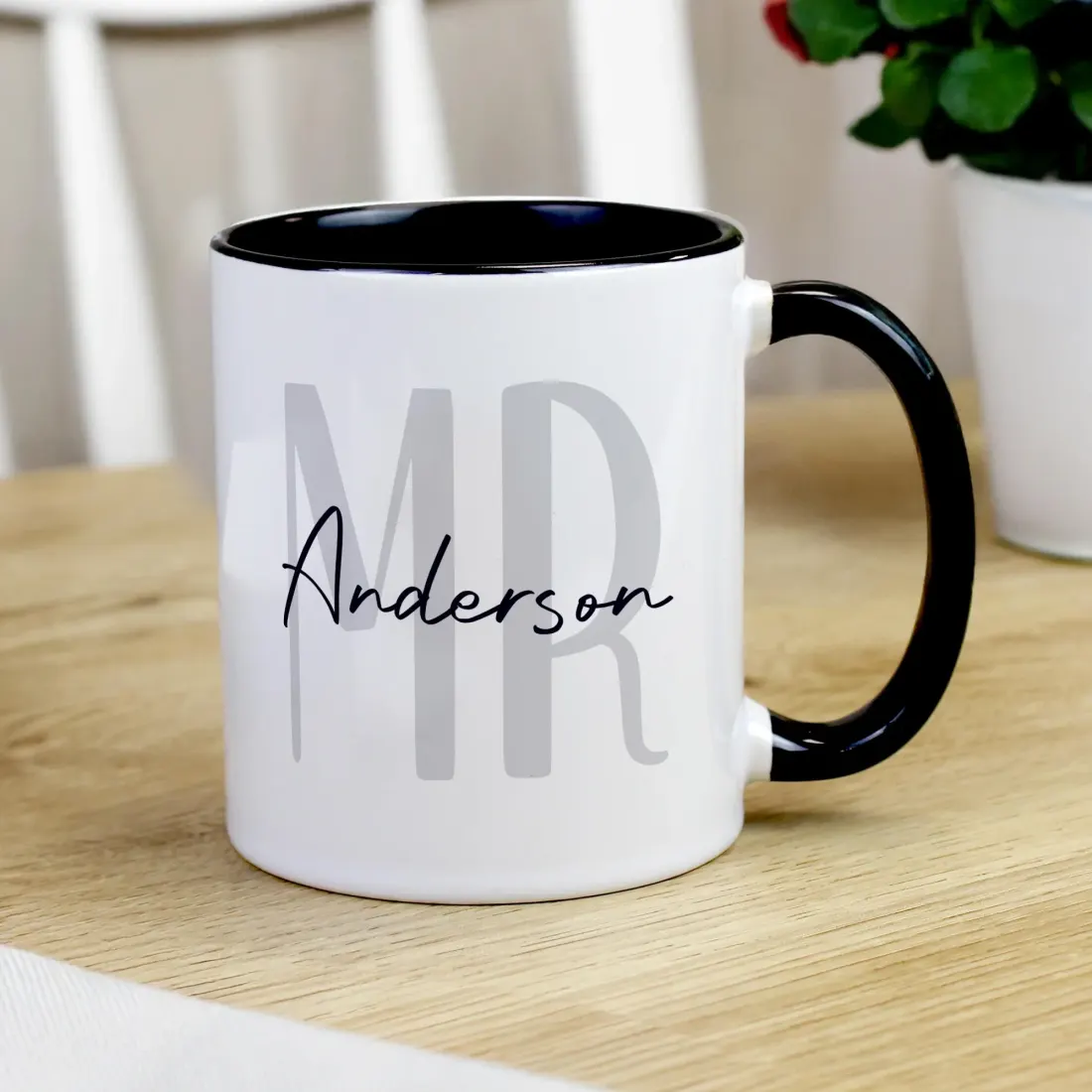 Personalised Mr and Mrs Black Handle Mug, Custom Surname Monogram Couple Cup — photo 5