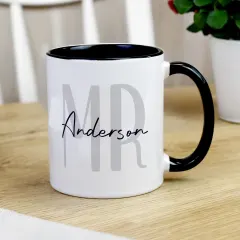 Personalised Mr and Mrs Black Handle Mug, Custom Surname Monogram Couple Cup thumbnail 5